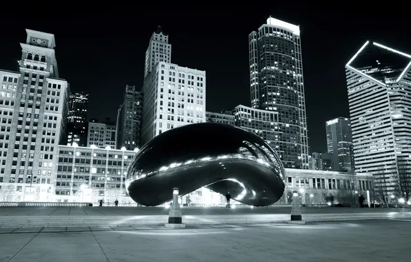 Картинка Чикаго, Chicago, Building, Black and White, Millennium Park
