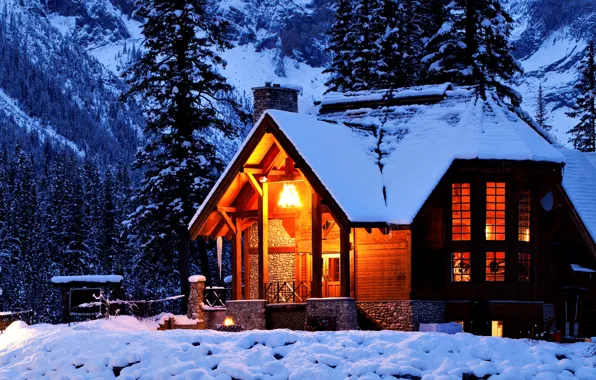 Картинка зима, свет, снег, деревья, горы, ночь, природа, дом