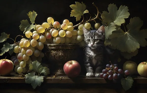 Кошка, взгляд, листья, поза, зеленый, котенок, стол, серый