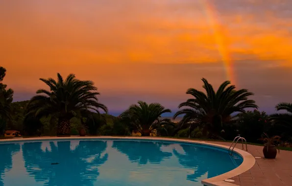 Картинка закат, пальмы, радуга, бассейн