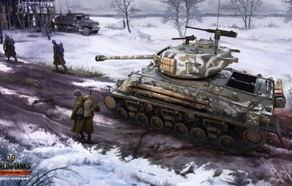 Зима, дорога, снег, рисунок, арт, солдаты, танк, американский
