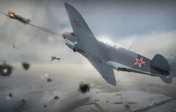 Картинка небо, война, истребитель, Арт, ЛаГГ-3, советский, поршневой, одномоторный