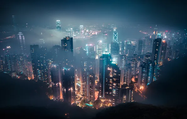 Lights, огни, туман, China, здания, Гонконг, Китай, полночь