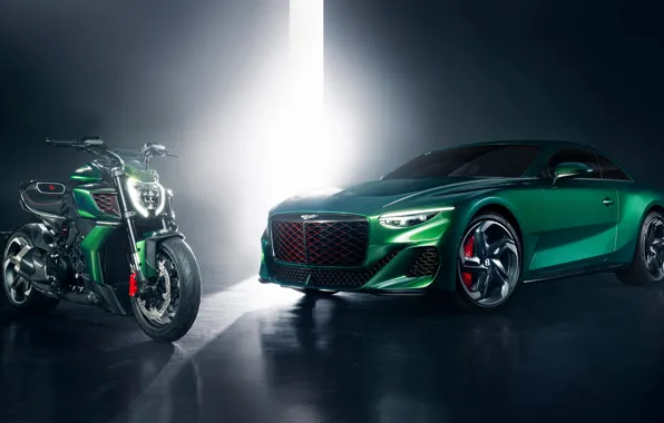 Картинка green, Bentley, Ducati, Mulliner, Diavel, front view, headlights, Bentley Mulliner Batur