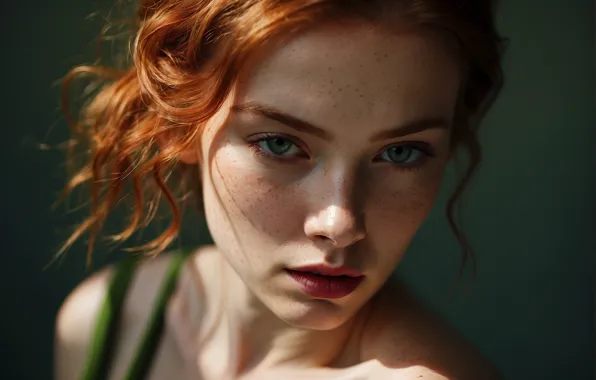 Girl, red hair, green eyes, portrait, freckles, AI art
