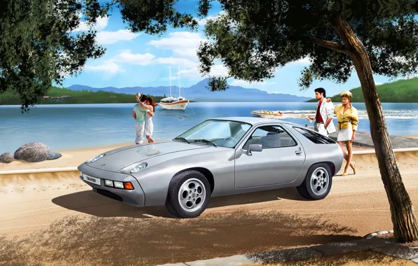 Девушка, Дерево, Porsche, Германия, Мужчина, спортивный автомобиль, Porsche 928