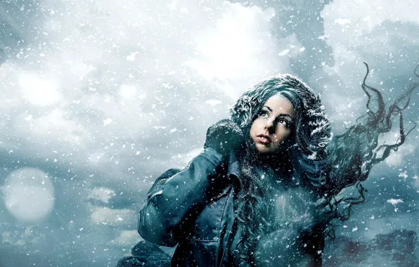 Картинка зима, девушка, снег, снежинки, ветер, куртка