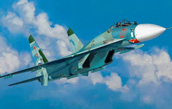 War, art, airplane, painting, aviation, Sukhoi Su-27