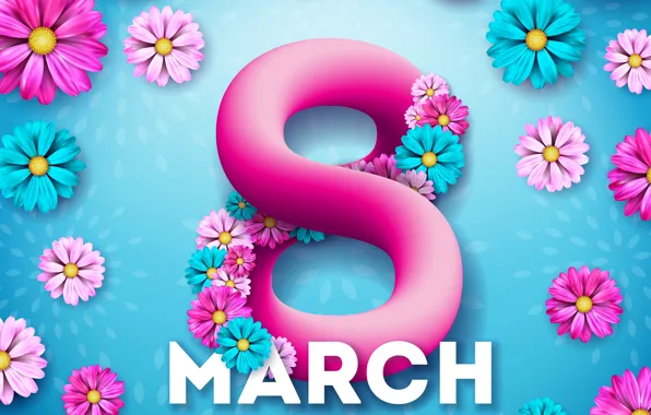 Картинка цветы, happy, 8 марта, blue, pink, flowers, открытка, spring