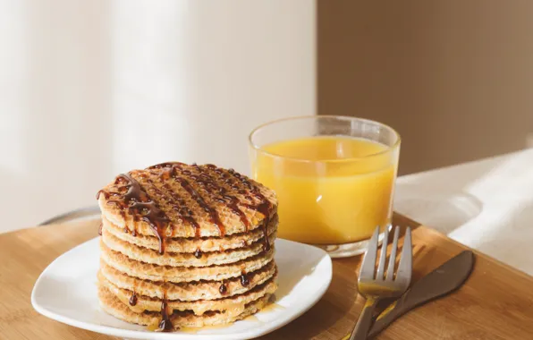 Картинка шоколад, завтрак, сок, вафли