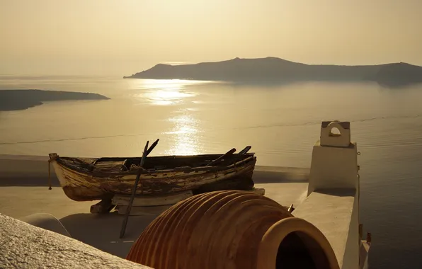 Крыша, море, лодка, вид, Греция, Notio Aigaio, Firostefani, Thira