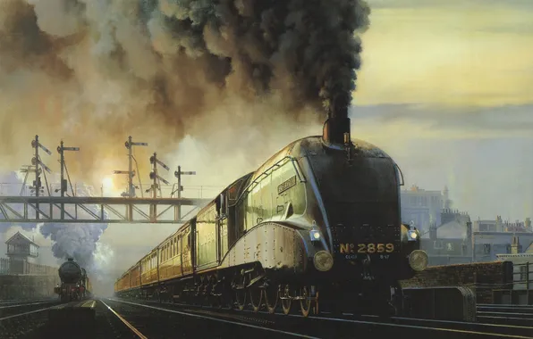 Картинка небо, дым, рельсы, вагоны, Станция, локомотив, поезда