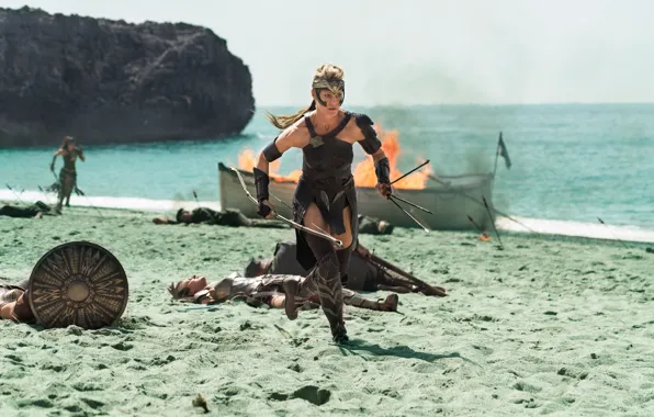 Картинка cinema, sword, Wonder Woman, beach, soldier, armor, weapon, man