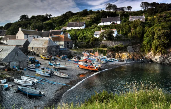 Река, берег, Англия, дома, лодки, катер, coast, England