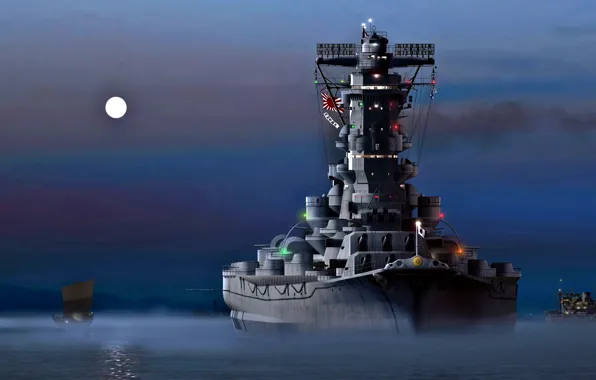 Картинка Ночь, Луна, Императорский флот Японии, Линейный корабль, Японская Империя, ''Ямато''