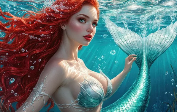Море, девушка, русалка, фэнтези, рыжеволосая, Ариэль, ИИ-арт, нейросеть