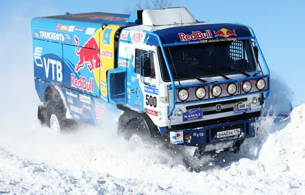 Зима, Синий, Снег, Грузовик, Red Bull, 500, Kamaz, Rally
