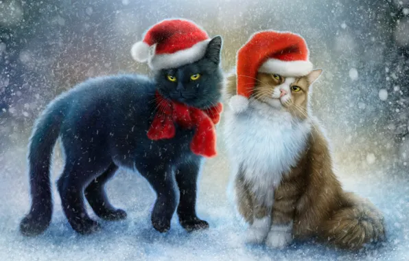 Картинка снег, коты, шарф, шапочки
