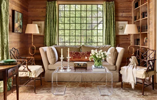 Дизайн, стиль, интерьер, софа, гостиная, Rustic chic living room with pecky cypress walls