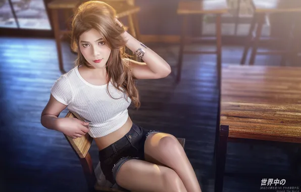 Legs, Asian, Bokeh, Hands, Glance, Sitting, Shorts, Chairs