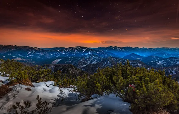 Картинка небо, снег, закат, горы, Австрия, Альпы, панорама