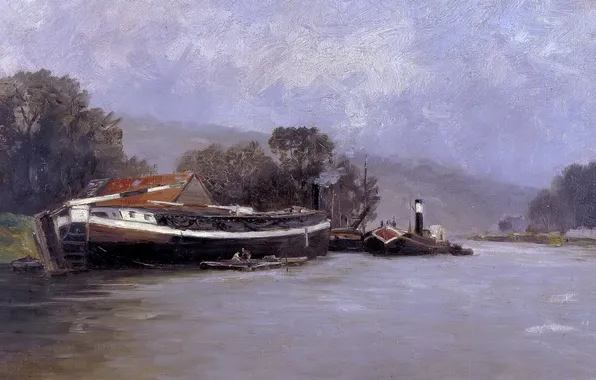 Картинка пейзаж, река, корабль, картина, Карлос де Хаэс, Сена в Руане