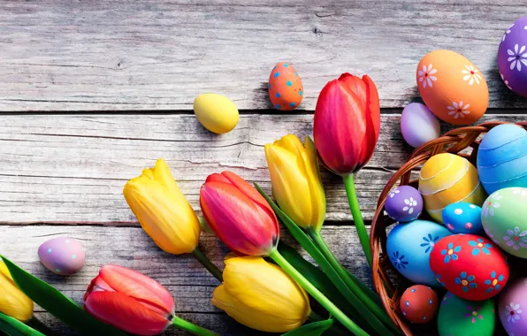 Картинка colorful, Пасха, тюльпаны, happy, wood, flowers, tulips, spring