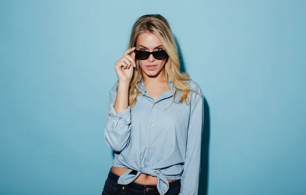 Woman, camera, blonde, cool, looking, shirt, sunglasses