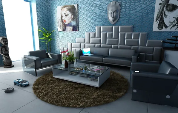 Картинка комната, диван, игрушка, мебель, интерьер, ковёр, кресла, картины