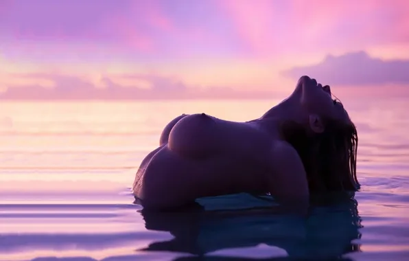 Girl, sexy, wet, sea, nipples, boobs, breast, sunset