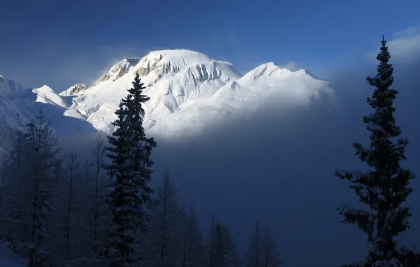 Картинка зима, лес, небо, облака, снег, деревья, пейзаж, горы