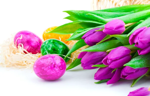 Картинка цветы, праздник, яйца, весна, Пасха, тюльпаны, сиреневые, пасхальные