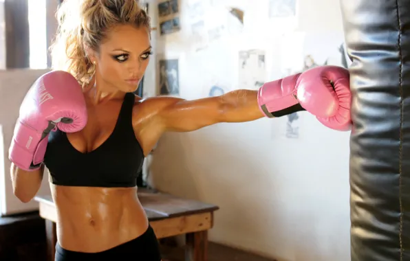 Woman, boxing, blonde, training, gloves pink boxing