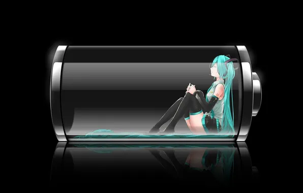 Картинка девушка, темный фон, арт, vocaloid, hatsune miku, заряд, батарейка, сидя
