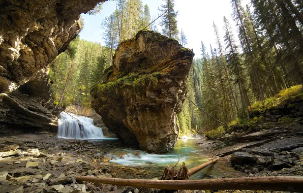 Лес, горы, река, скалы, водопад, Канада, Альберта, banff national park