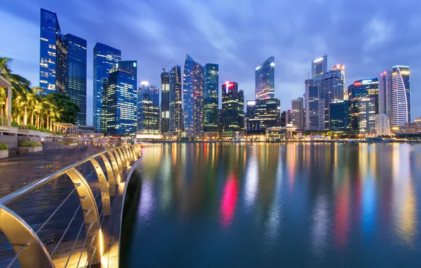 Здания, Сингапур, ночной город, набережная, Singapore