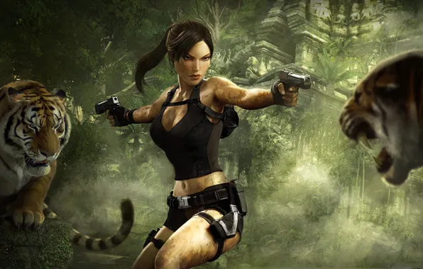 Картинка опасность, пистолеты, Tomb Raider, Underworld, тигры, лара крофт