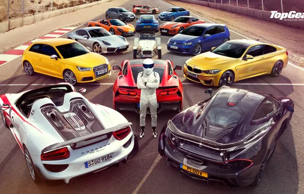Картинка Top Gear, Wallpaper, Stig, Supercars, Volkswagen Golf, Porsche 918, BMW M4, McLaren P1