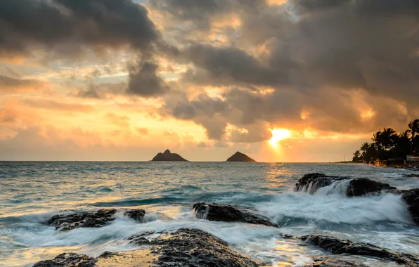 Картинка восход, камни, океан, скалы, Гавайи, Hawaii