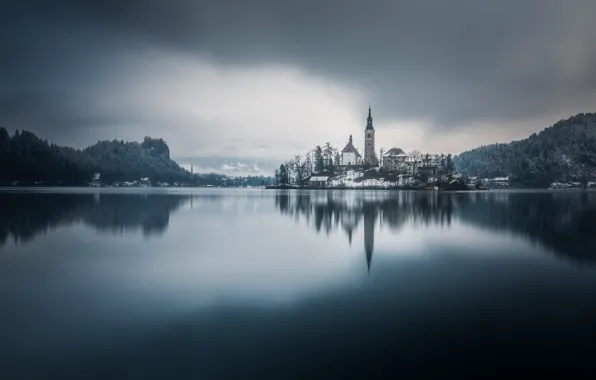 Озеро, отражение, остров, монохром, Словения, Lake Bled, Slovenia, Бледское озеро