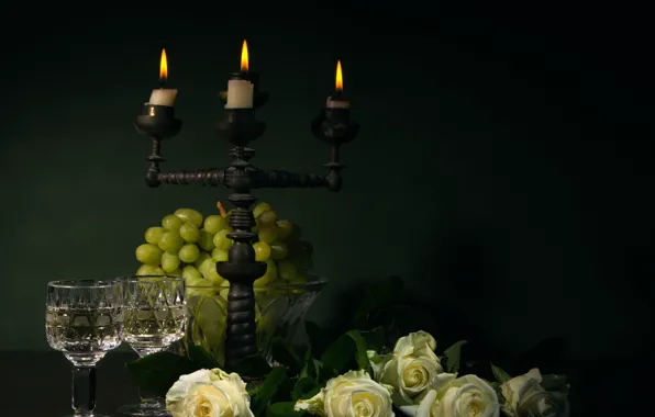 Картинка розы, свечи, виноград, romantic still life