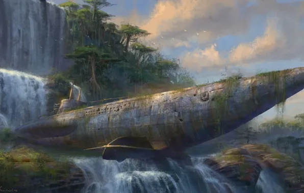 Картинка скалы, водопад, арт, заброшенность, подводная лодка, Drake’s Fortune, Uncharted