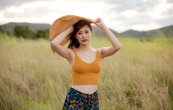Grass, Beautiful, Model, Woman, Hat, Pretty, Japanese, Outdoor