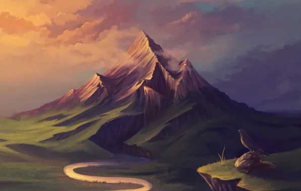 Картинка река, гора, арт, птичка, нарисованный пейзаж
