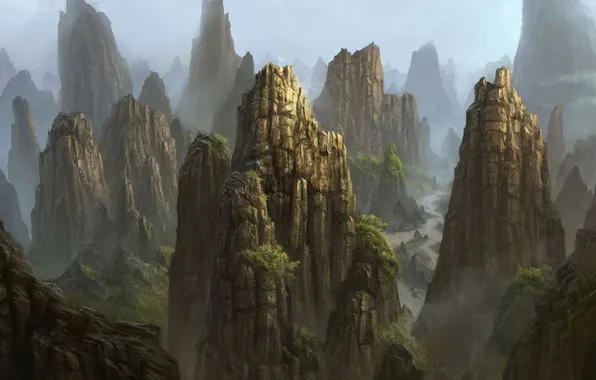 Картинка деревья, горы, туман, река, скалы, арт