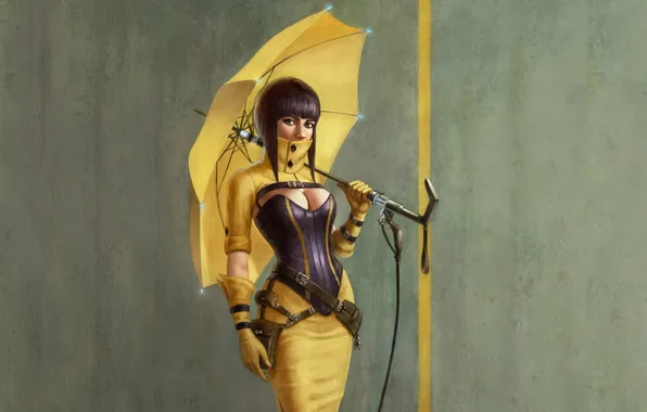 Sexy, cleavage, boobs, art, yellow umbrella