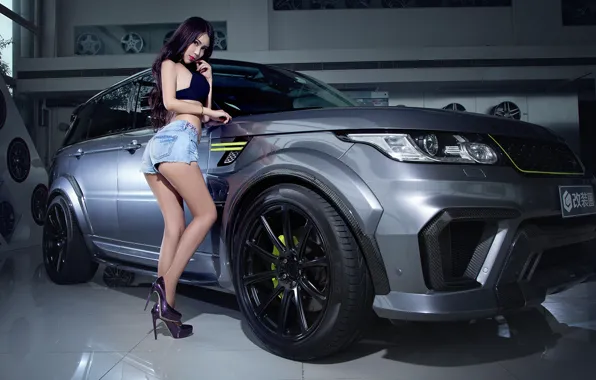 Авто, взгляд, азиатка, Эротика, красивая девушка, Range rover, позирует над машиной
