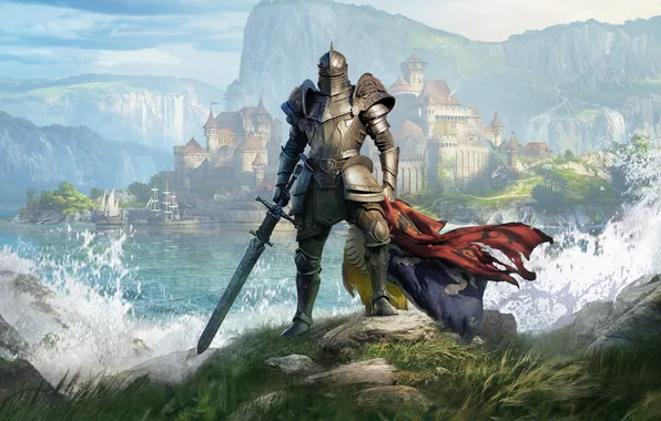 Waves, sea, landscape, nature, mountains, castle, digital art, knight