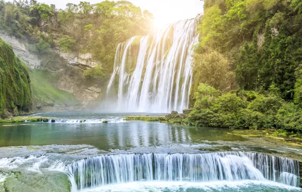 Картинка пейзаж, река, скалы, водопад, summer, river, landscape, beautiful