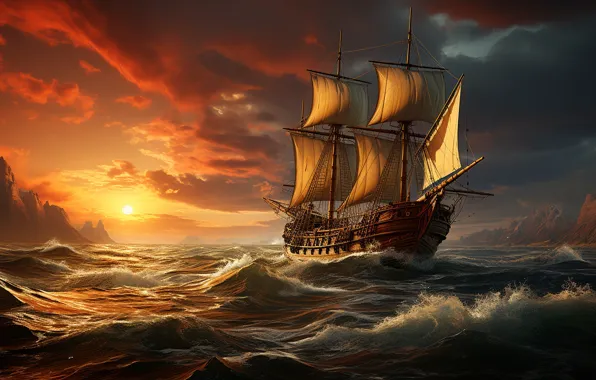 Картинка море, небо, вода, облака, корабль, парусник, паруса, водоем